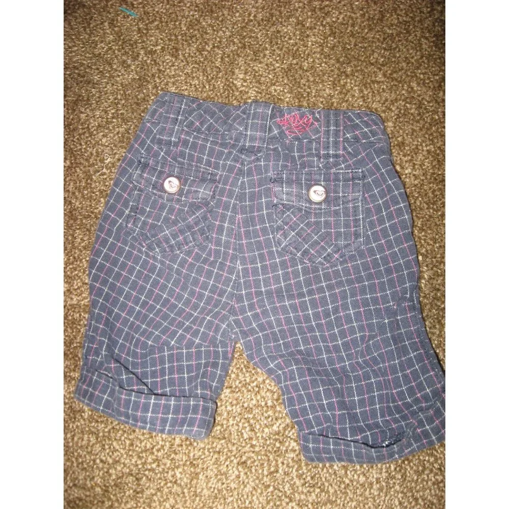 Roxy Dark Blue Plaid Teenie Wahine Long Cotton Shorts Pink Trim GUC 6-9 Months